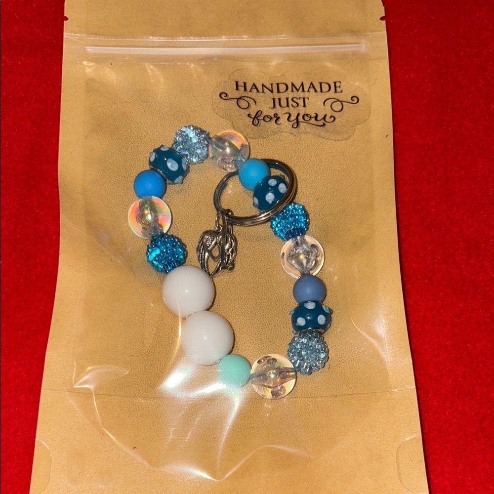 Handmade Blue and White Beaded Keychain bracelet